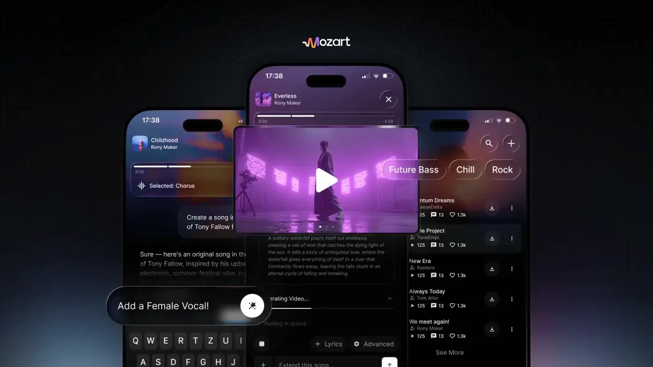Interfaccia di un'app musicale con brani suggeriti e la possibilit&agrave; di aggiungere voci. L'utente cerca un brano per creare musica.