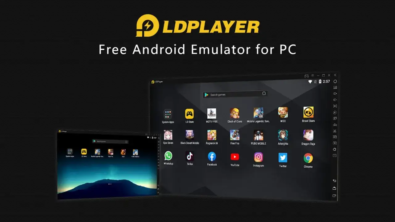 LDPlayer, un emulatore Android gratuito per PC, mostra un'interfaccia con icone di giochi popolari come PUBG MOBILE e Brawl Stars.