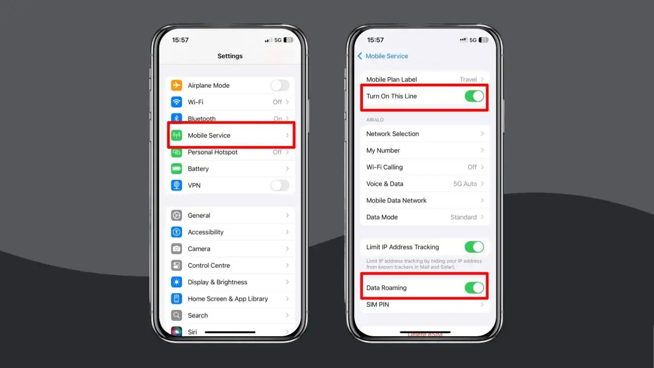 Impostazioni del telefono per attivare il roaming dati con Vodafone in Inghilterra.
