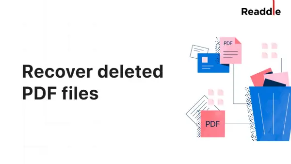 Recuperare file cancellati: un cestino blu pieno di documenti PDF rosa e blu, con alcuni fogli che escono.
