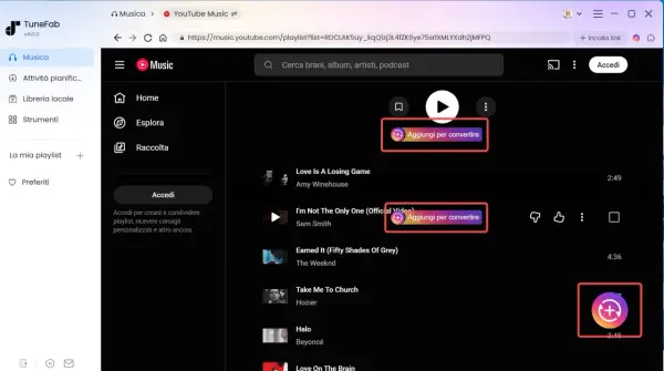 Interfaccia TuneFab per estrarre audio da video. Pulsanti "Aggiungi per convertire" evidenziati.