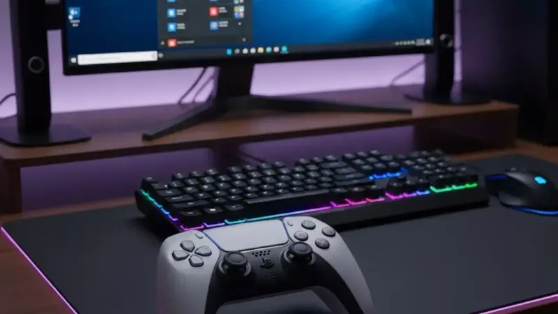 Controller DualSense PS5 pronto per essere collegato al PC. Tastiera e mouse RGB completano la postazione gaming.