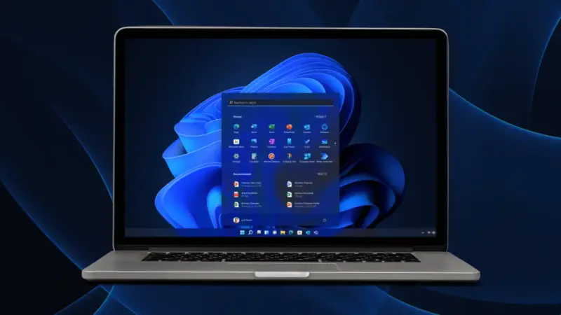 Screenshot di Windows 11 con menu Start aperto, mostra app pinnate e consigliate.