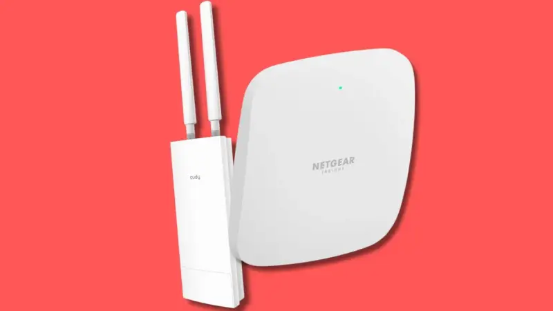 Due dispositivi per un **hot spot wifi** potente: un access point Cudy con antenne e un router Netgear Insight.