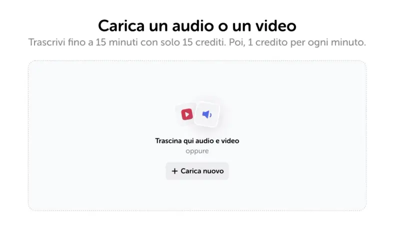 Area per caricare audio o video per sbobinare file audio. Trascrivi fino a 15 minuti con 15 crediti.