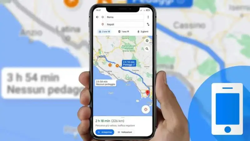 Navigazione su smartphone: mostra come mandare la posizione con Google Maps, confrontando percorsi con e senza pedaggio da Roma a Napoli.