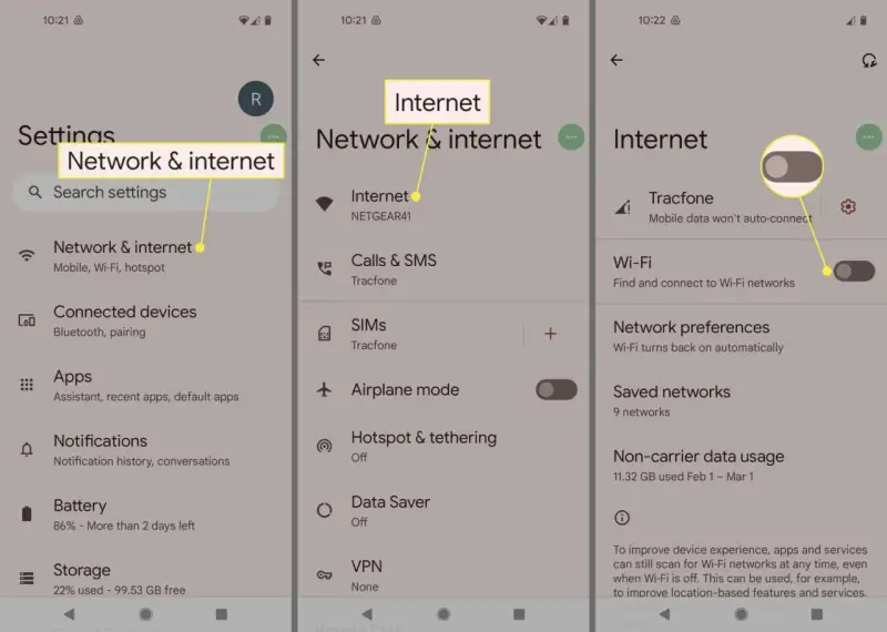Impostazioni del telefono: "Rete e Internet" e "Hotspot & tethering".